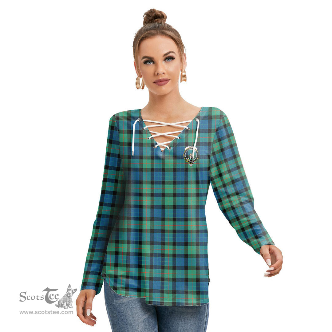 ScotsTee Shop Scottish Gunn Ancient Clan Crest Tartan Womens V Neck Lace Up Criss Cross Sweatshirt