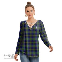 ScotsTee Shop Scottish Colquhoun Modern Clan Tartan Womens V Neck Lace Up Criss Cross Sweatshirt