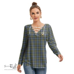 ScotsTee Shop Scottish Campbell Faded Clan Crest Tartan Womens V Neck Lace Up Criss Cross Sweatshirt