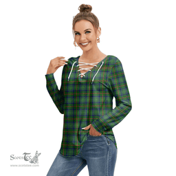 ScotsTee Shop Scottish Cranstoun Clan Tartan Womens V Neck Lace Up Criss Cross Sweatshirt