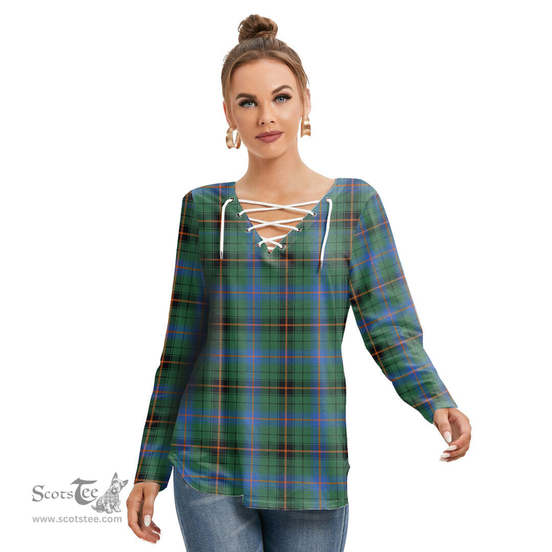 ScotsTee Shop Scottish Davidson Ancient Clan Tartan Womens V Neck Lace Up Criss Cross Sweatshirt