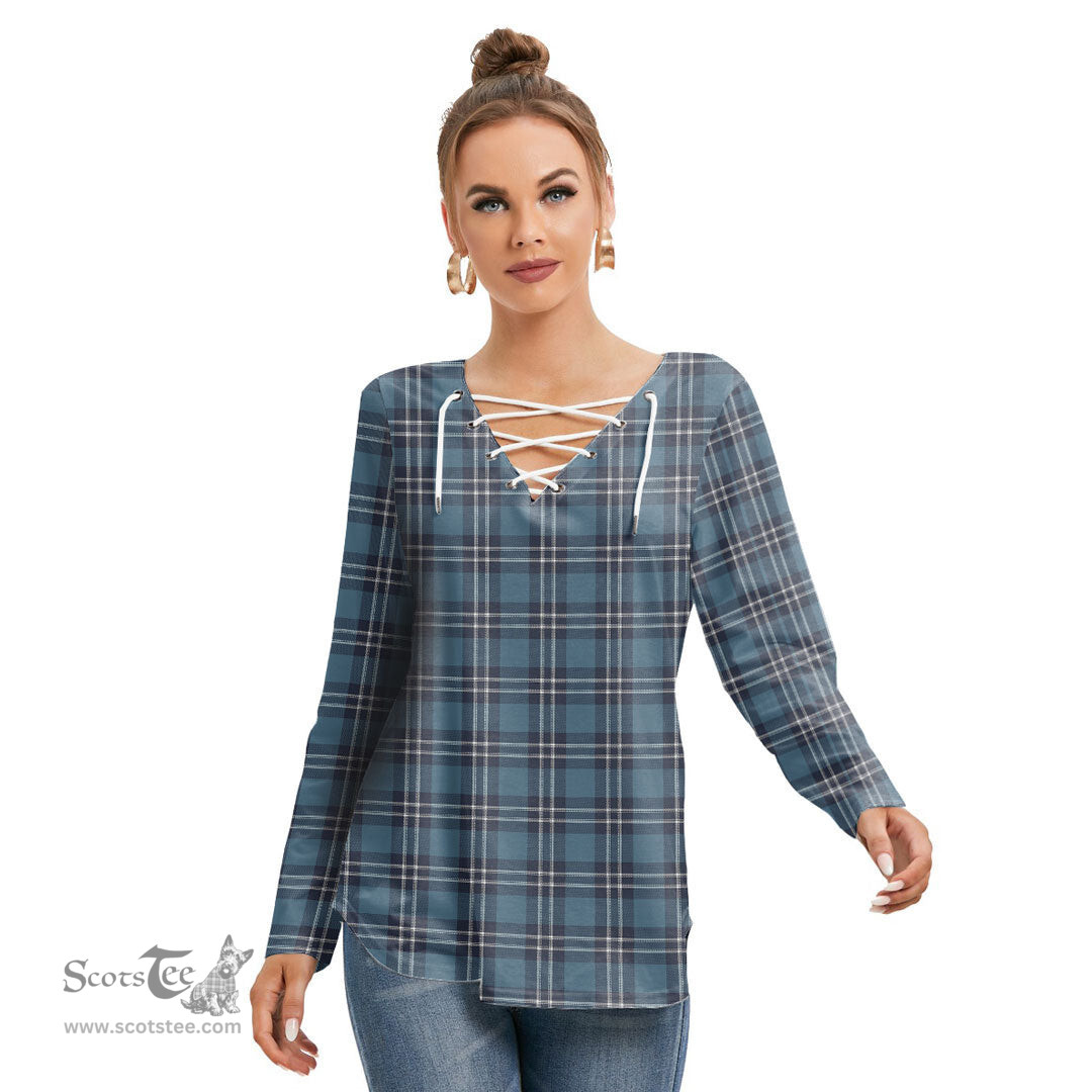 ScotsTee Shop Scottish Earl of St Andrews Clan Tartan Womens V Neck Lace Up Criss Cross Sweatshirt