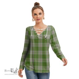 ScotsTee Shop Scottish Cunningham Dress Green Dancers Clan Crest Tartan Womens V Neck Lace Up Criss Cross Sweatshirt