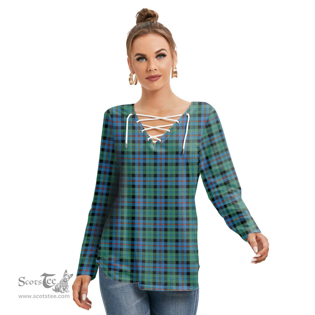 ScotsTee Shop Scottish Campbell of Cawdor Ancient Clan Tartan Womens V Neck Lace Up Criss Cross Sweatshirt