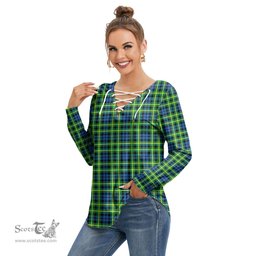 ScotsTee Shop Scottish Campbell of Breadalbane Ancient Clan Tartan Womens V Neck Lace Up Criss Cross Sweatshirt