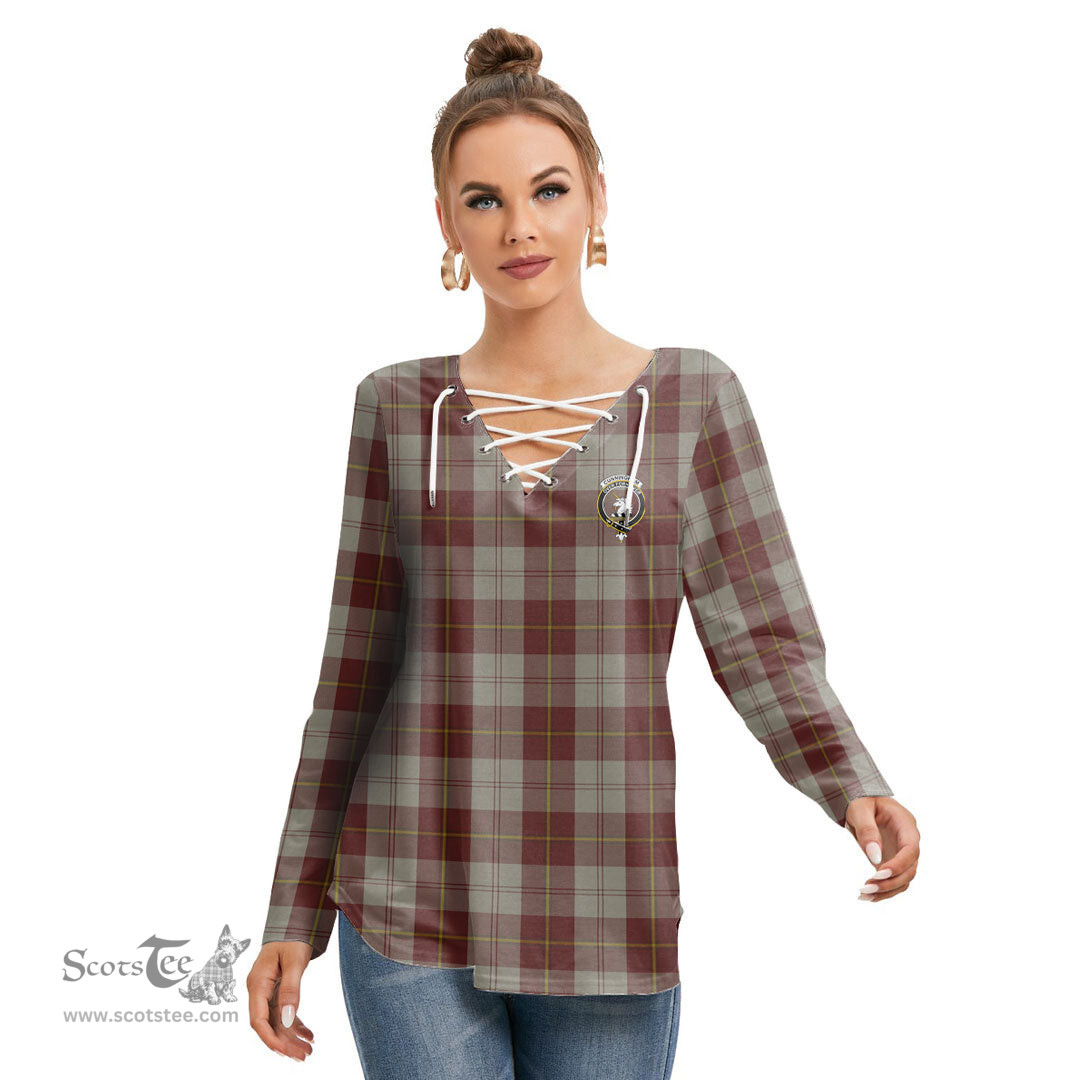 ScotsTee Shop Scottish Cunningham Burgundy Dancers Clan Crest Tartan Womens V Neck Lace Up Criss Cross Sweatshirt
