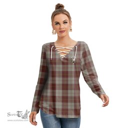 ScotsTee Shop Scottish Cunningham Burgundy Dancers Clan Crest Tartan Womens V Neck Lace Up Criss Cross Sweatshirt