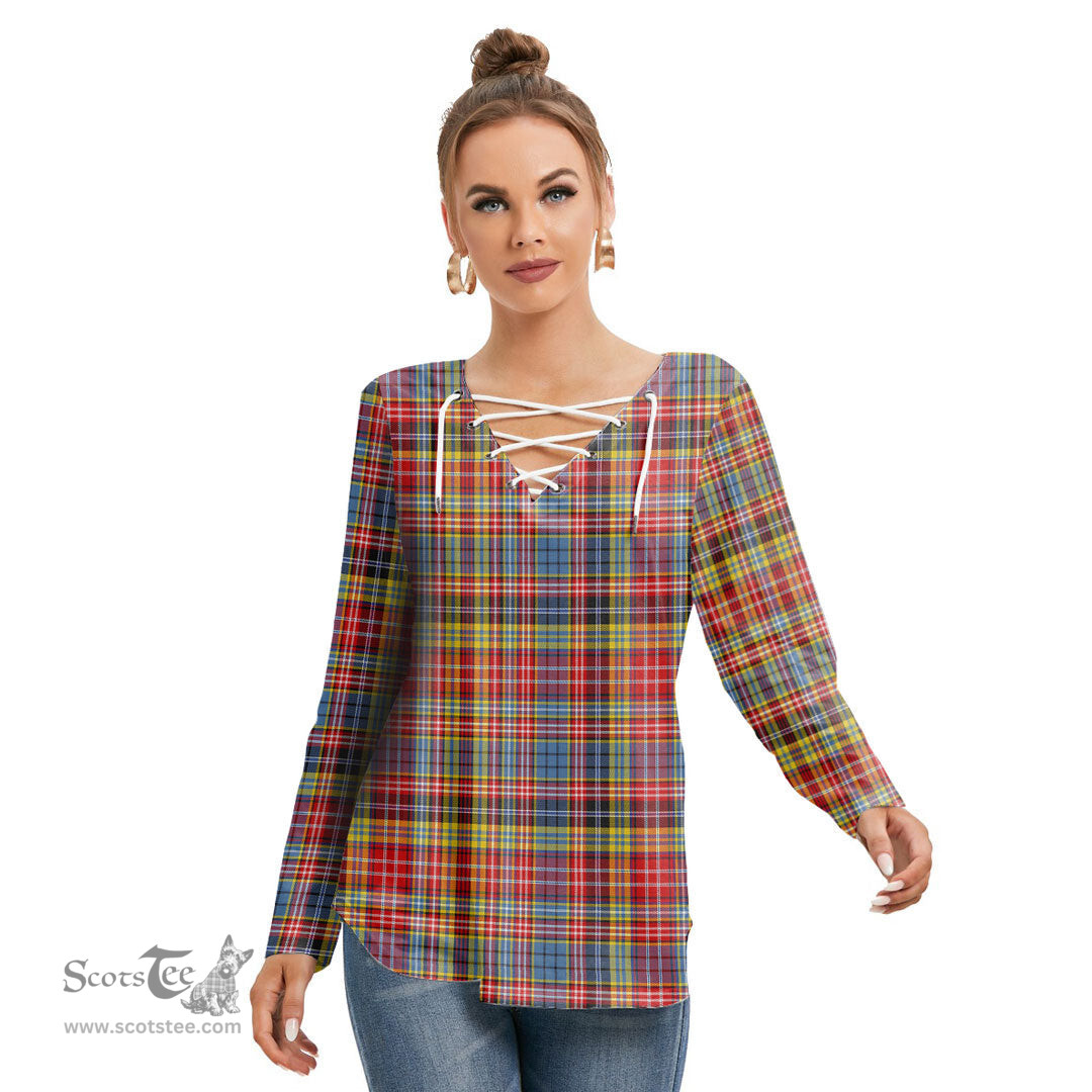 ScotsTee Shop Scottish Drummond of Strathallan Clan Tartan Womens V Neck Lace Up Criss Cross Sweatshirt