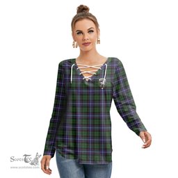 ScotsTee Shop Scottish Galbraith Modern Clan Crest Tartan Womens V Neck Lace Up Criss Cross Sweatshirt