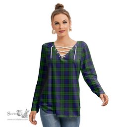 ScotsTee Shop Scottish Campbell Modern Clan Tartan Womens V Neck Lace Up Criss Cross Sweatshirt