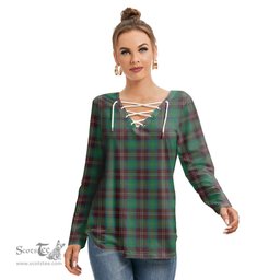 ScotsTee Shop Scottish Chisholm Hunting Ancient Clan Tartan Womens V Neck Lace Up Criss Cross Sweatshirt