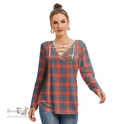 ScotsTee Shop Scottish Hamilton Ancient Clan Crest Tartan Womens V Neck Lace Up Criss Cross Sweatshirt
