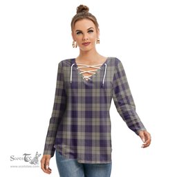 ScotsTee Shop Scottish Cunningham Dress Blue Dancers Clan Tartan Womens V Neck Lace Up Criss Cross Sweatshirt