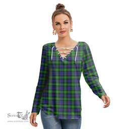 ScotsTee Shop Scottish Gordon Modern Clan Tartan Womens V Neck Lace Up Criss Cross Sweatshirt