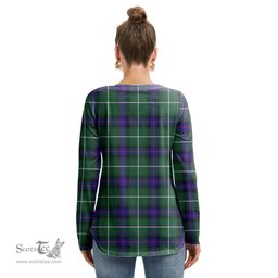 ScotsTee Shop Scottish MacDonald of the Isles Hunting Modern Clan Tartan Womens V Neck Lace Up Criss Cross Sweatshirt