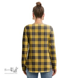ScotsTee Shop Scottish MacLeod of Lewis Ancient Clan Crest Tartan Womens V Neck Lace Up Criss Cross Sweatshirt