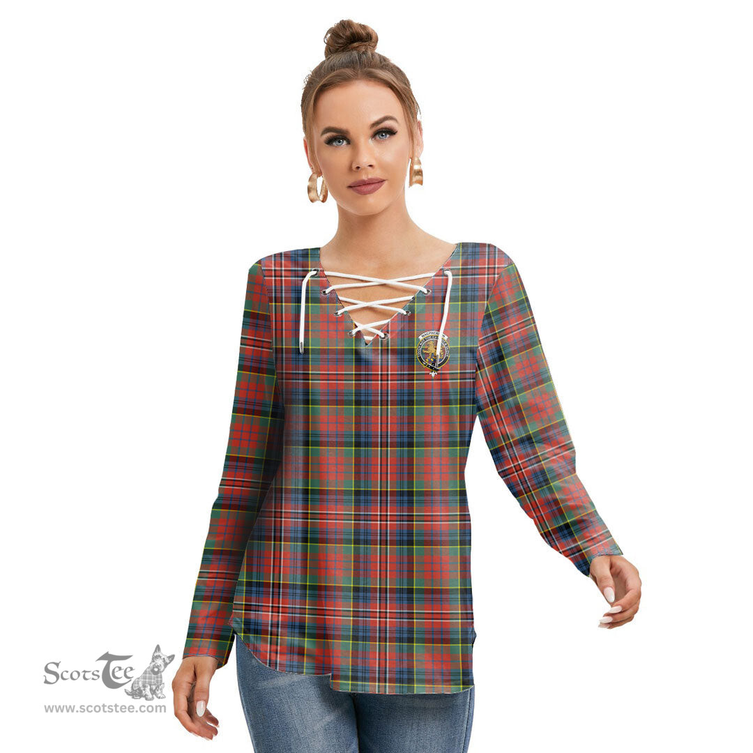 ScotsTee Shop Scottish MacPherson Ancient Clan Crest Tartan Womens V Neck Lace Up Criss Cross Sweatshirt