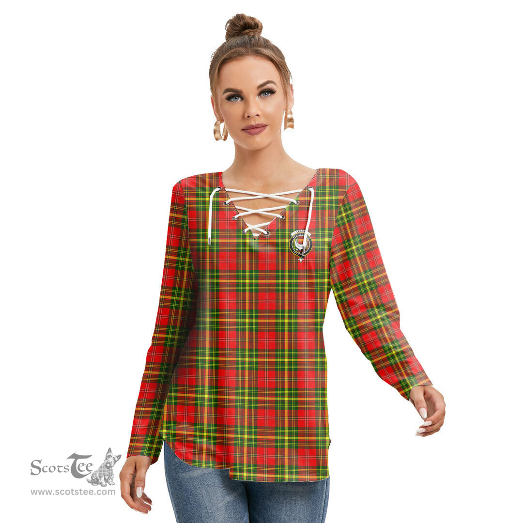ScotsTee Shop Scottish Leask Clan Crest Tartan Womens V Neck Lace Up Criss Cross Sweatshirt