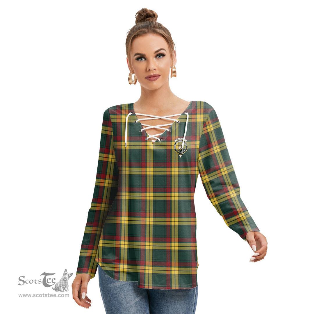 ScotsTee Shop Scottish MacMillan Old Modern Clan Crest Tartan Womens V Neck Lace Up Criss Cross Sweatshirt