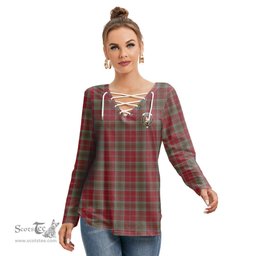 ScotsTee Shop Scottish Lindsay Weathered Clan Crest Tartan Womens V Neck Lace Up Criss Cross Sweatshirt