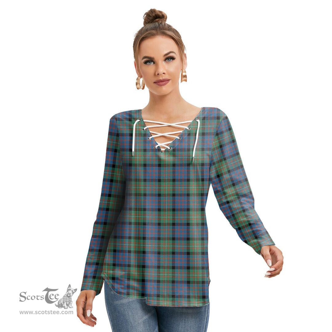 ScotsTee Shop Scottish MacDonnell of Glengarry Ancient Clan Tartan Womens V Neck Lace Up Criss Cross Sweatshirt