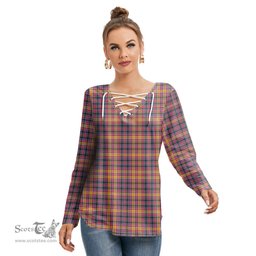 ScotsTee Shop Scottish Jacobite Clan Tartan Womens V Neck Lace Up Criss Cross Sweatshirt