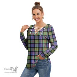 ScotsTee Shop Scottish MacDonald Ancient Clan Tartan Womens V Neck Lace Up Criss Cross Sweatshirt