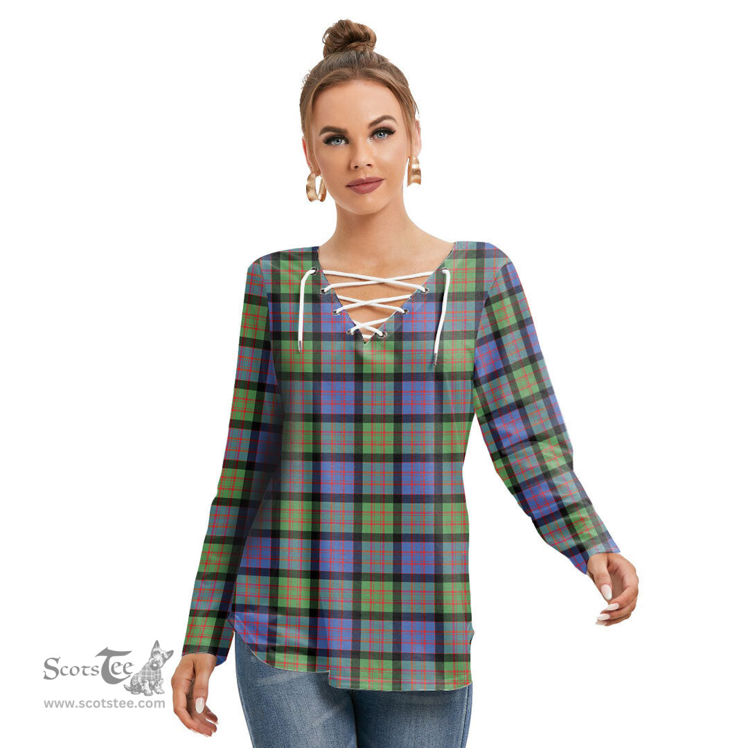ScotsTee Shop Scottish MacDonald Ancient Clan Tartan Womens V Neck Lace Up Criss Cross Sweatshirt
