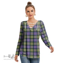 ScotsTee Shop Scottish MacDonald Ancient Clan Tartan Womens V Neck Lace Up Criss Cross Sweatshirt