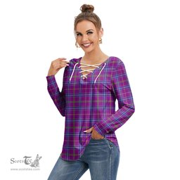 ScotsTee Shop Scottish Jackson Clan Tartan Womens V Neck Lace Up Criss Cross Sweatshirt