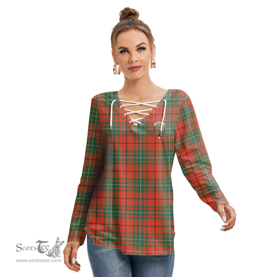 ScotsTee Shop Scottish MacAulay Ancient Clan Crest Tartan Womens V Neck Lace Up Criss Cross Sweatshirt