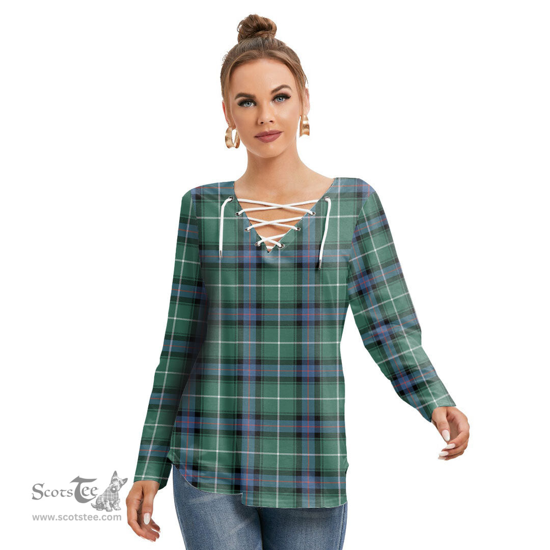 ScotsTee Shop Scottish MacDonald of the Isles Hunting Ancient Clan Tartan Womens V Neck Lace Up Criss Cross Sweatshirt