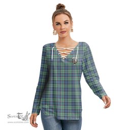 ScotsTee Shop Scottish Leslie Hunting Ancient Clan Crest Tartan Womens V Neck Lace Up Criss Cross Sweatshirt