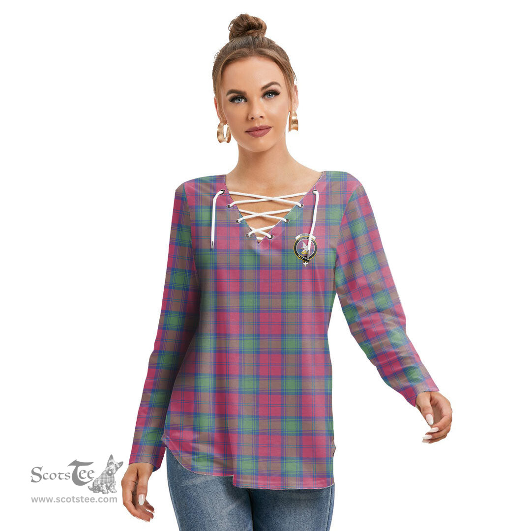 ScotsTee Shop Scottish Lindsay Ancient Clan Crest Tartan Womens V Neck Lace Up Criss Cross Sweatshirt