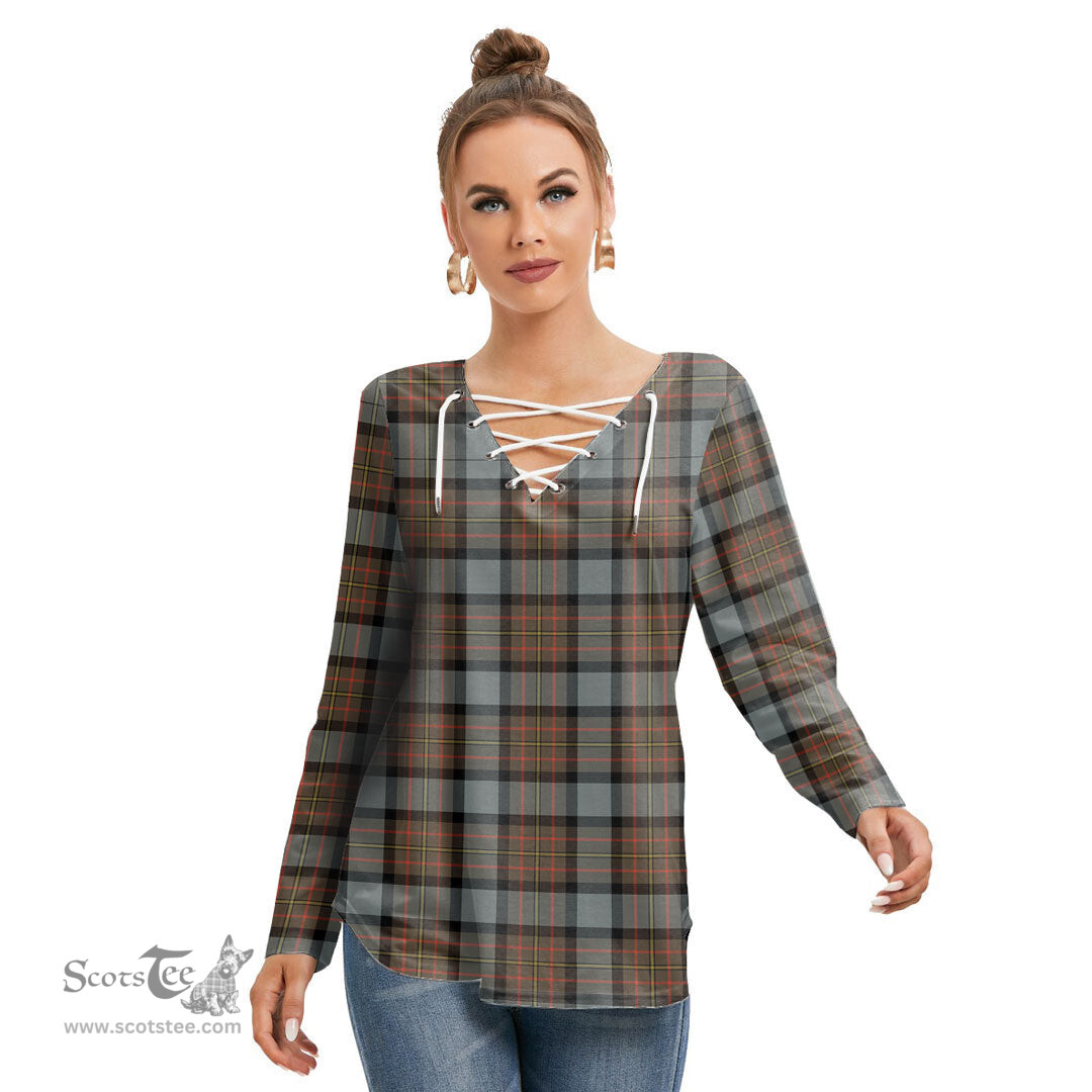ScotsTee Shop Scottish MacLaren Weathered Clan Tartan Womens V Neck Lace Up Criss Cross Sweatshirt