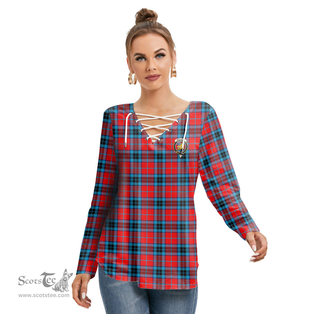 ScotsTee Shop Scottish MacTavish Modern Clan Crest Tartan Womens V Neck Lace Up Criss Cross Sweatshirt