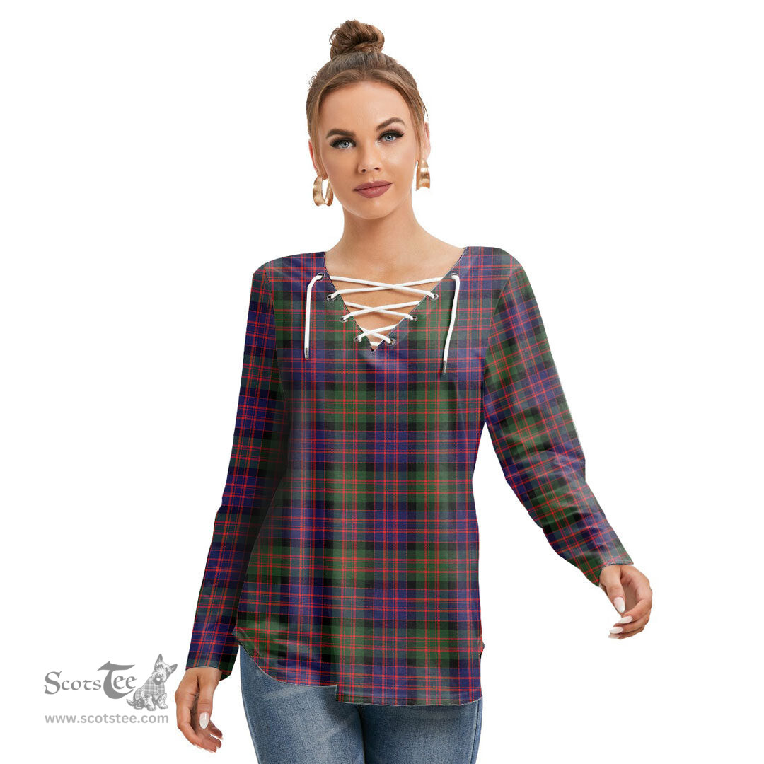 ScotsTee Shop Scottish MacDonald Modern Clan Tartan Womens V Neck Lace Up Criss Cross Sweatshirt