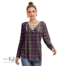 ScotsTee Shop Scottish MacDonald Modern Clan Tartan Womens V Neck Lace Up Criss Cross Sweatshirt