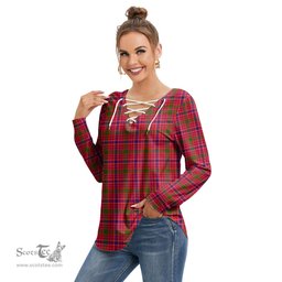 ScotsTee Shop Scottish MacRae Modern Clan Tartan Womens V Neck Lace Up Criss Cross Sweatshirt