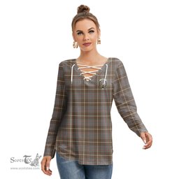 ScotsTee Shop Scottish MacIntyre Hunting Weathered Clan Crest Tartan Womens V Neck Lace Up Criss Cross Sweatshirt