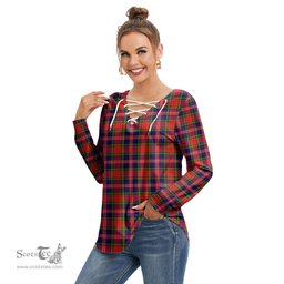 ScotsTee Shop Scottish MacPherson Modern Clan Tartan Womens V Neck Lace Up Criss Cross Sweatshirt