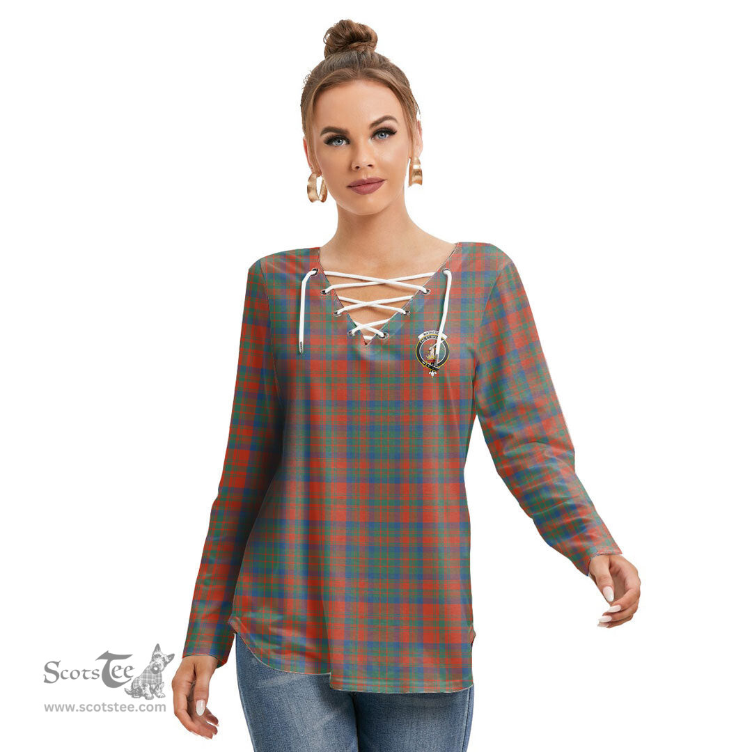 ScotsTee Shop Scottish Matheson Ancient Clan Crest Tartan Womens V Neck Lace Up Criss Cross Sweatshirt