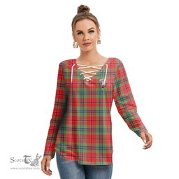 ScotsTee Shop Scottish MacLean of Duart Modern Clan Crest Tartan Womens V Neck Lace Up Criss Cross Sweatshirt