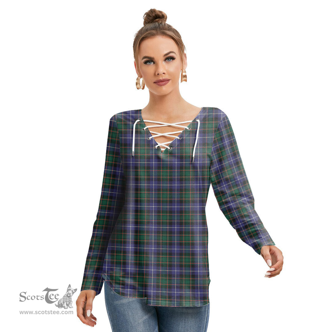 ScotsTee Shop Scottish MacRae Hunting Modern Clan Tartan Womens V Neck Lace Up Criss Cross Sweatshirt