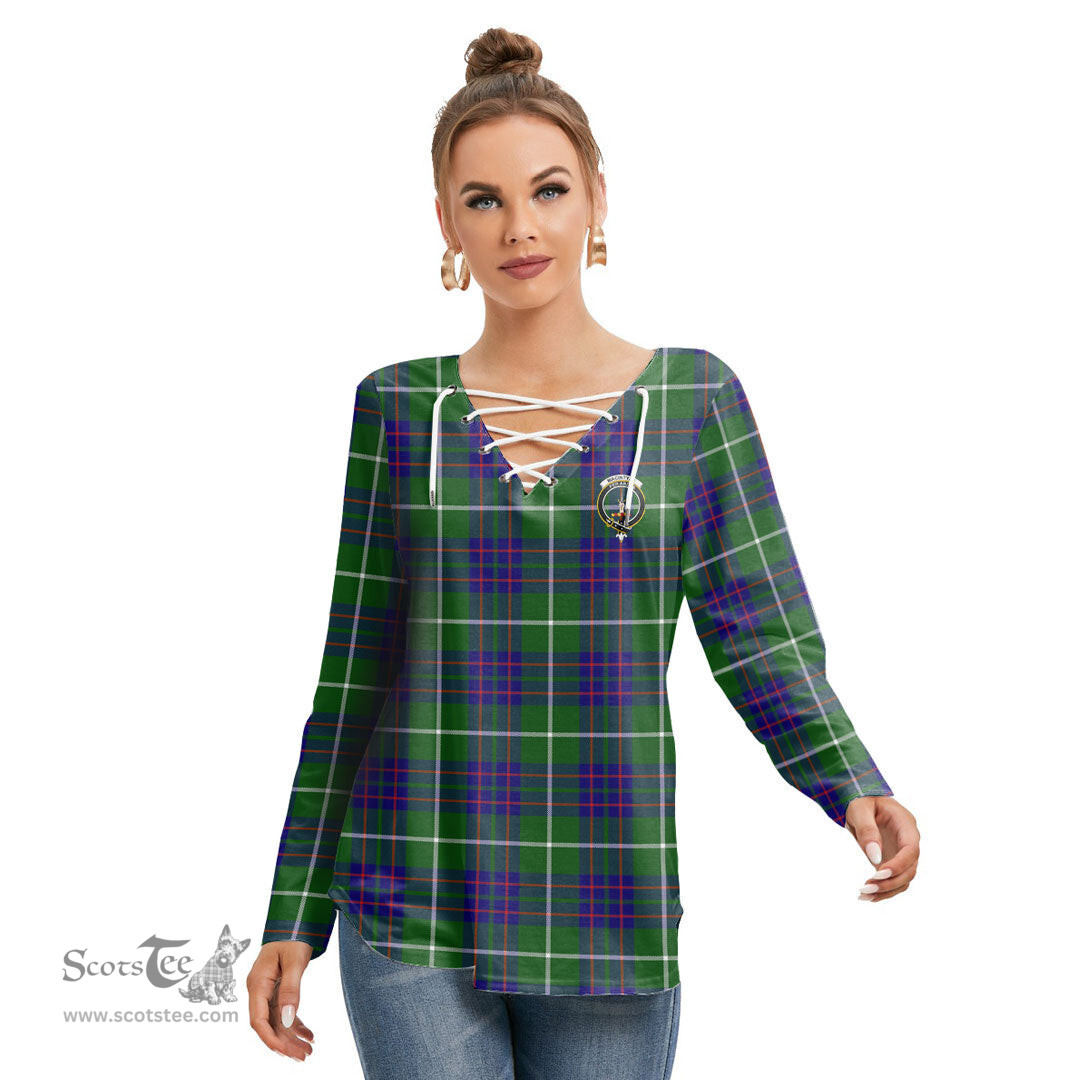 ScotsTee Shop Scottish MacIntyre Hunting Modern Clan Crest Tartan Womens V Neck Lace Up Criss Cross Sweatshirt