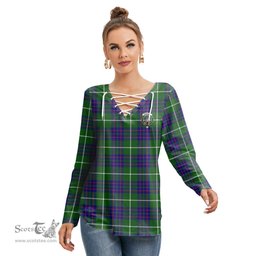 ScotsTee Shop Scottish MacIntyre Hunting Modern Clan Crest Tartan Womens V Neck Lace Up Criss Cross Sweatshirt