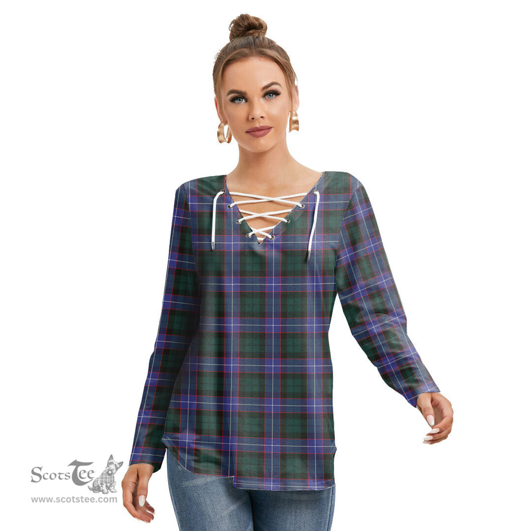 ScotsTee Shop Scottish Hunter Modern Clan Tartan Womens V Neck Lace Up Criss Cross Sweatshirt