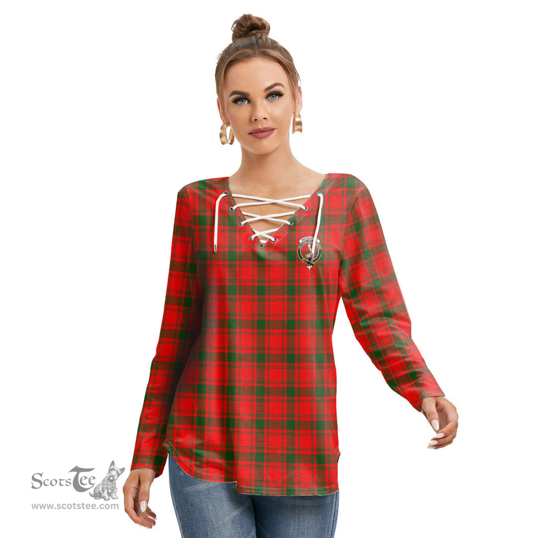 ScotsTee Shop Scottish MacQuarrie Modern Clan Crest Tartan Womens V Neck Lace Up Criss Cross Sweatshirt