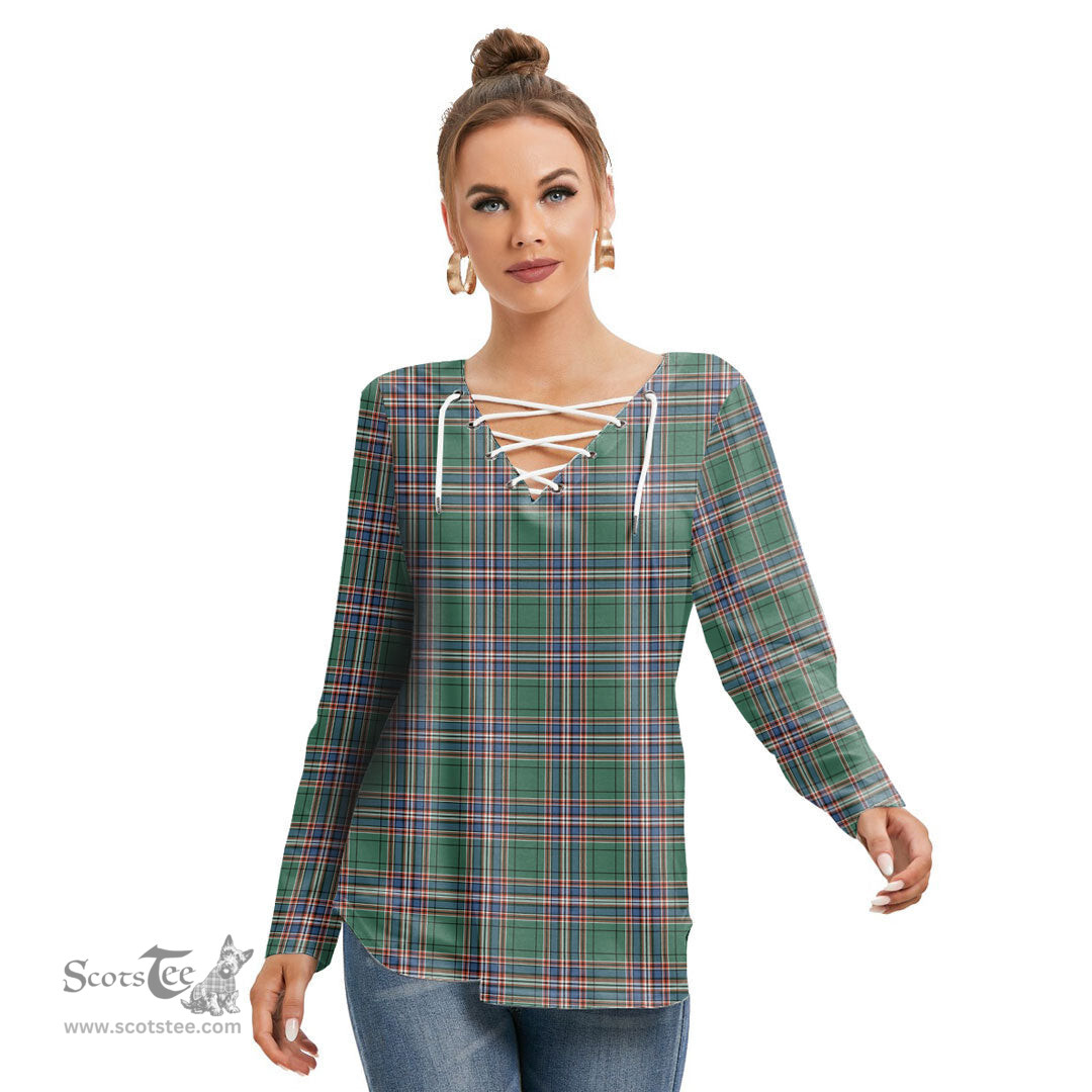 ScotsTee Shop Scottish MacFarlane Hunting Ancient Clan Tartan Womens V Neck Lace Up Criss Cross Sweatshirt