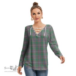 ScotsTee Shop Scottish MacFarlane Hunting Ancient Clan Tartan Womens V Neck Lace Up Criss Cross Sweatshirt